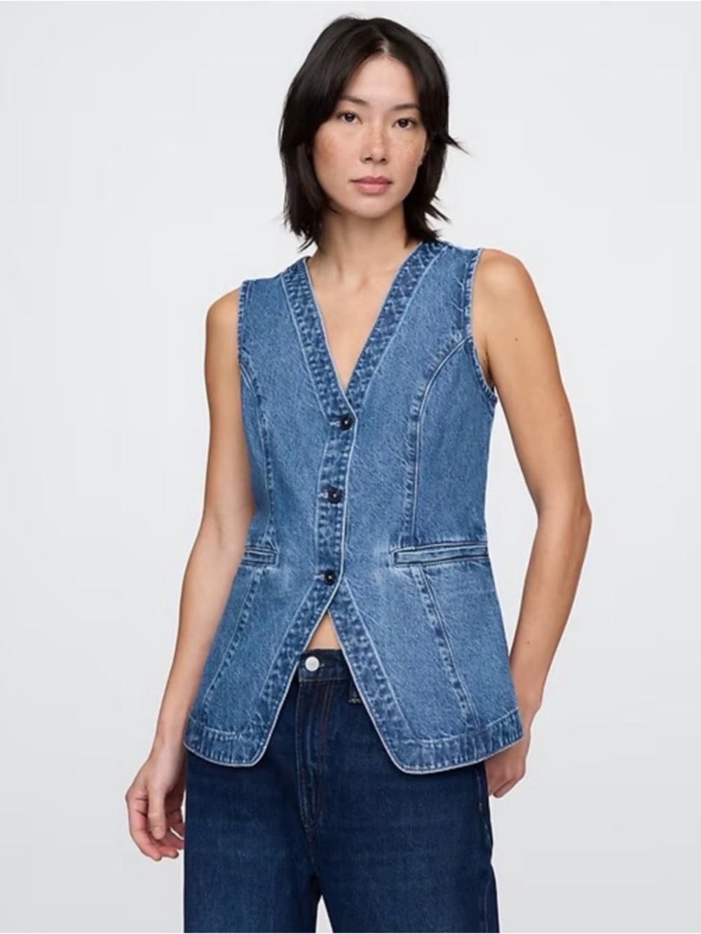 GAP Longline Denim Vest - Medium Wash